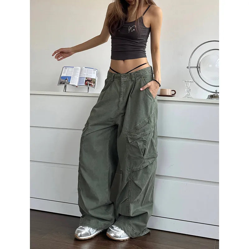 BXOXO NEW Green Jeans for Women High Quality High Waist American Wide Leg Pants Solid Y2K Vintage Straight Summer Trousers