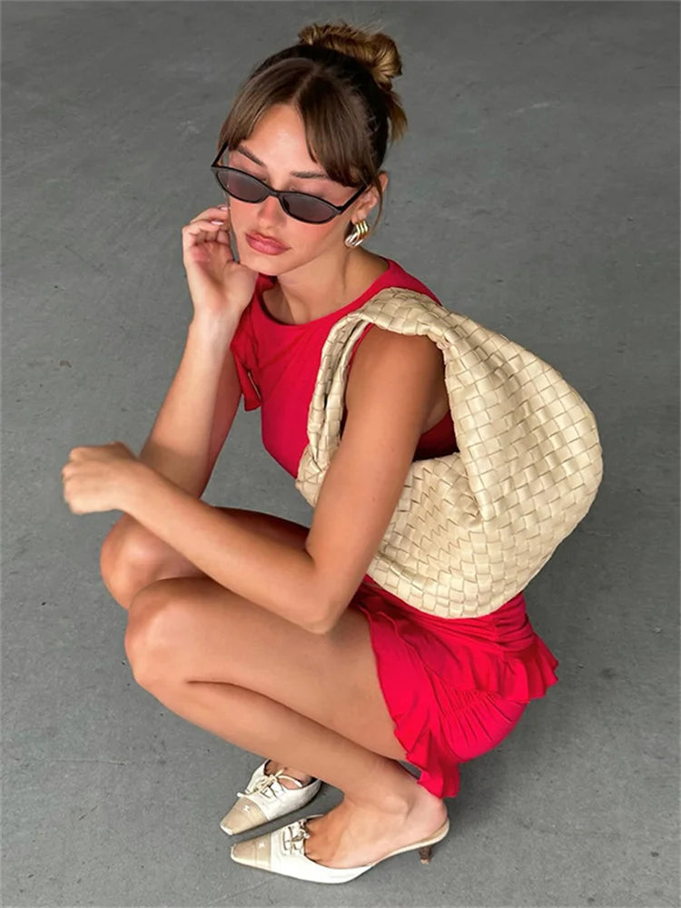BXOXO Vacation Women 2 Piece Set Double-Deck Pleated Tassel Mini Skirt+Bandage Tank Top Festival Party Sexy Matching Outfits