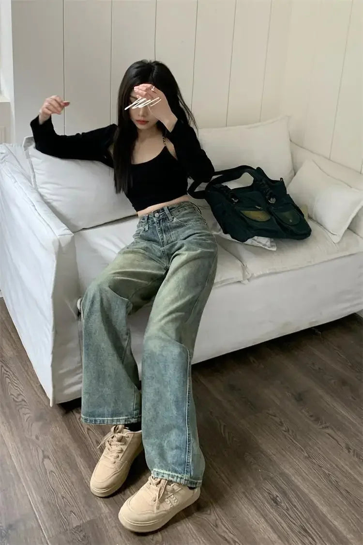Bxoxo Vintage High-waisted Slimming Jeans American Style Casual Bell Bottoms Versatile Straight-leg Long Pants For Women