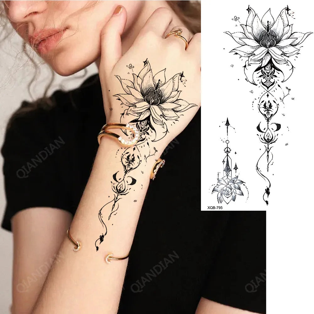 BXOXO Black Flower Waterproof Temporary Tattoo Sticker Beauty Butterfly Rose for Women 3D Flash Body Arm Art Washable Fake Tattoos