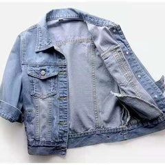 Bxoxo Spring Summer Half Sleeve Women Collared Distressed Coat Ladies Washed Cropped Denim Jacket Girl Ripped Jean Cardigan Shawl