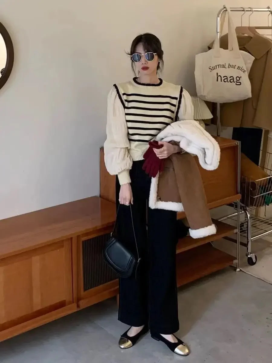 Bxoxo women Black and white striped fake two-piece knitted sweaters pring and autumn Korean soft glutinous pullover sweater female