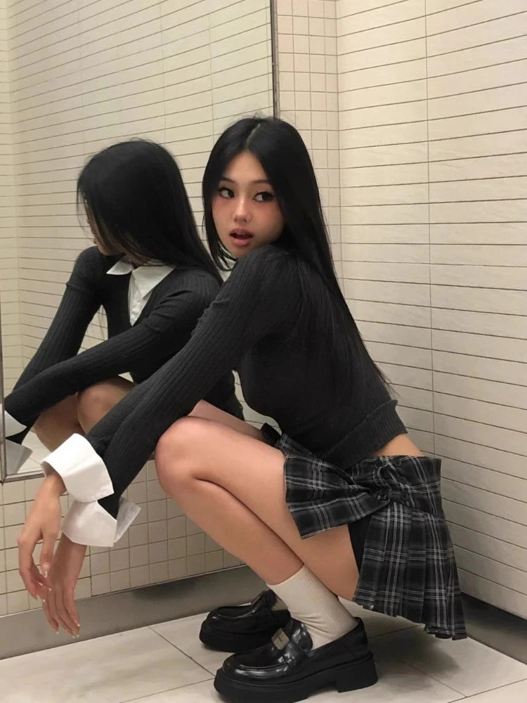 BXOXO Vintage Y2K Plaid Mini Skirt Women Sexy Preppy Style Low Waist Slim A-line Side Split Retro Pleated Skirt Streetwear