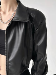 Bxoxo American Vintage Pu Leather Women Jacket Y2K Black Lapel Long Sleeve Crop Coats Harajuku Streetwear Zipper Casual Outerwear