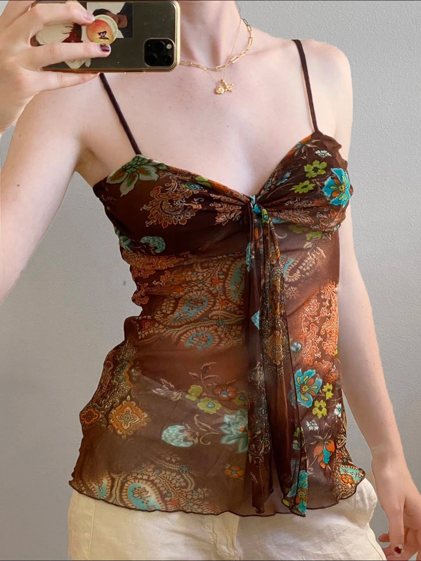 BXOXO Retro Mesh Floral Print Camis Sexy See Through Sleeveless Crop Top y2k Vintage Ruffles Tee Summer Holiday Transparent Top