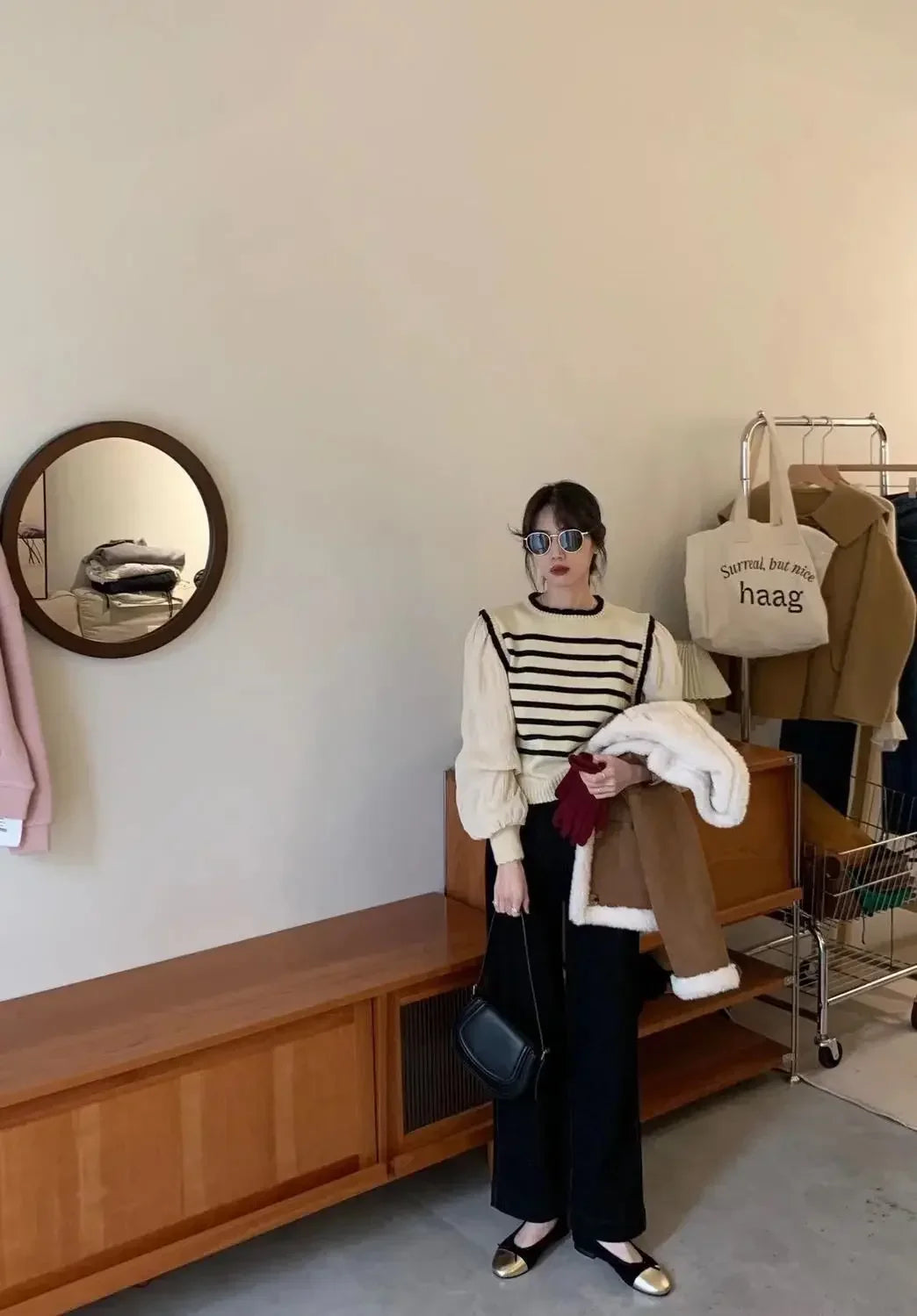 Bxoxo women Black and white striped fake two-piece knitted sweaters pring and autumn Korean soft glutinous pullover sweater female