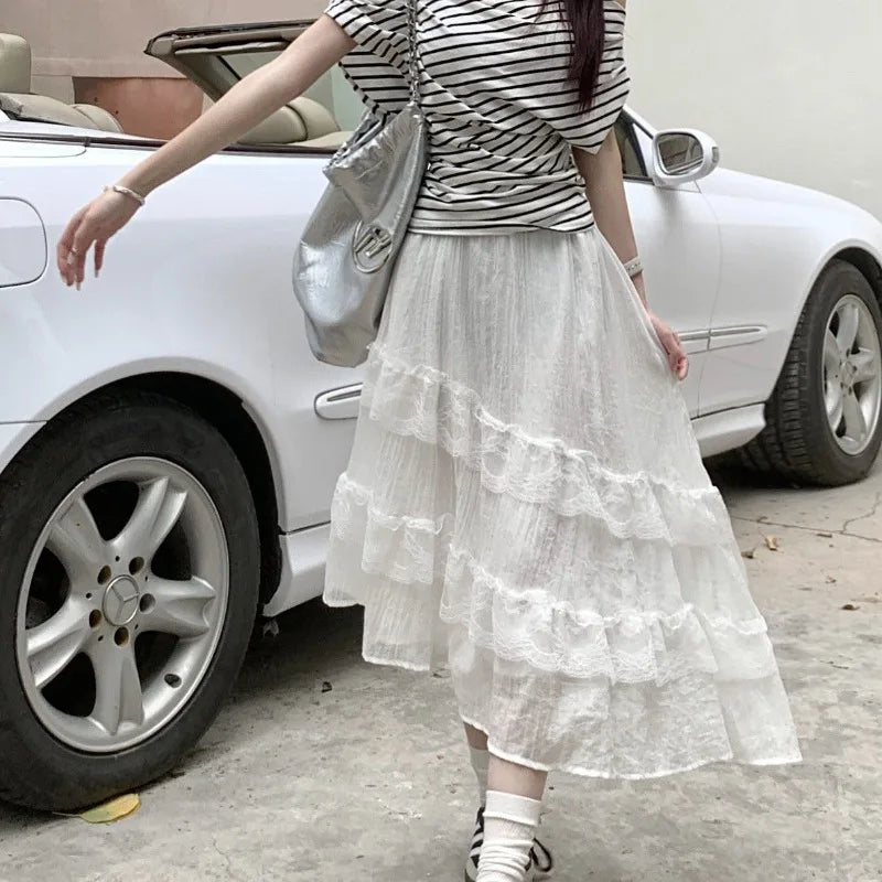 BXOXO Sweet Skirts Women Lace Patchwork Irregular Summer Fashion 2025 Solid Elegant Stretch High Waist Loose Long Skirt