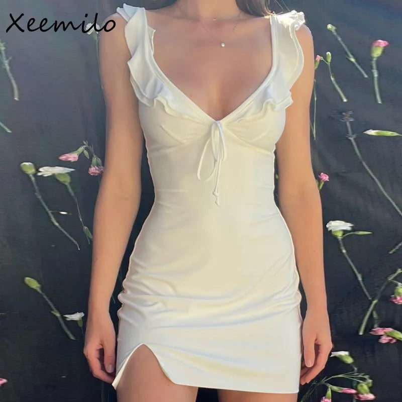 Bxoxo Solid Deep V-neck Sleeveless Dress Summer Elegant Women Ruffles Split Mini Dresses Sexy Slim Party Clubwear Vestido