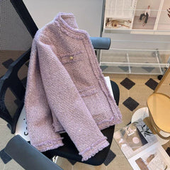Bxoxo Purple Tweed Jacket Women Vintage O-Neck Metal Single Breasted Cropped Coat Autumn Winter Korean Style Elegant Jackets for Women