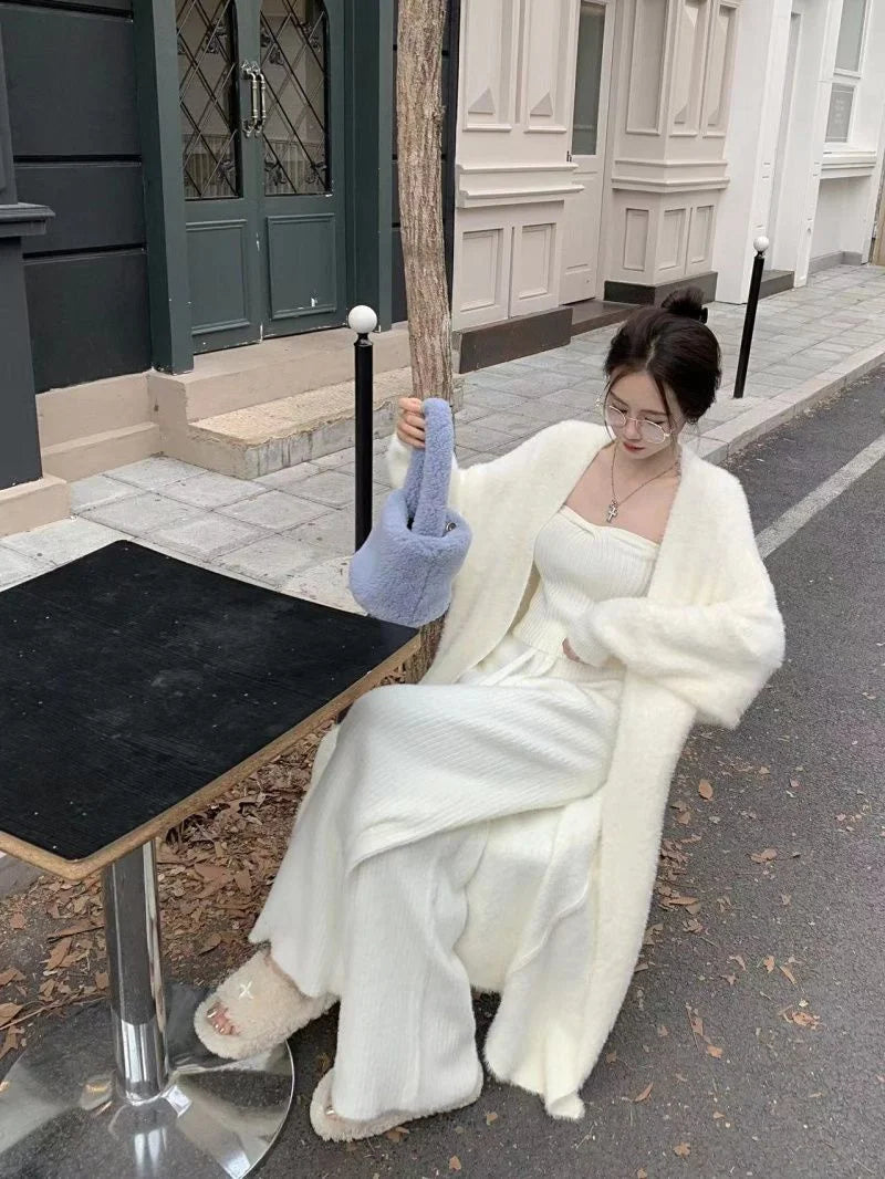 Bxoxo New Imitation Mink Coat Slimming Autumn And Winter Loose Fitting Long Sweater Thickened Lazy Knitted Cardigan Jacket White