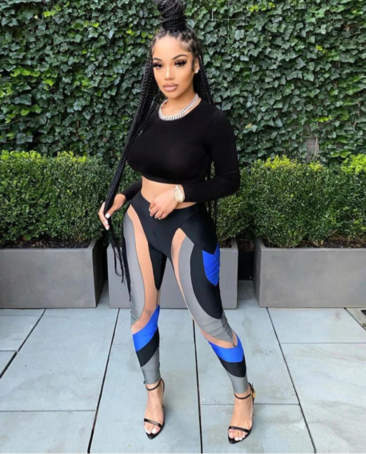 BXOXO Mesh Patchwork Print Leggings Women Hipster Y2K Stitching Color Match Sheath Pants High Waist Body-Shaping High Streetwear