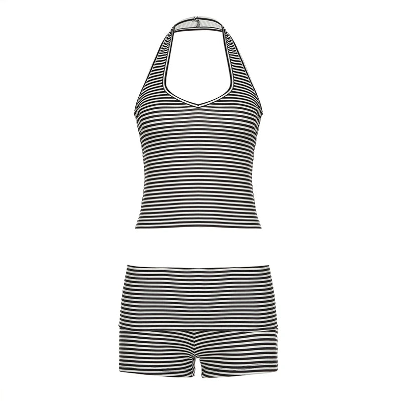 BXOXO Women Casual Striped Print Two Piece Sets Vintage Halter Crop Top and Low Rise Skinny Shorts y2k Streetwear Outfits Basic