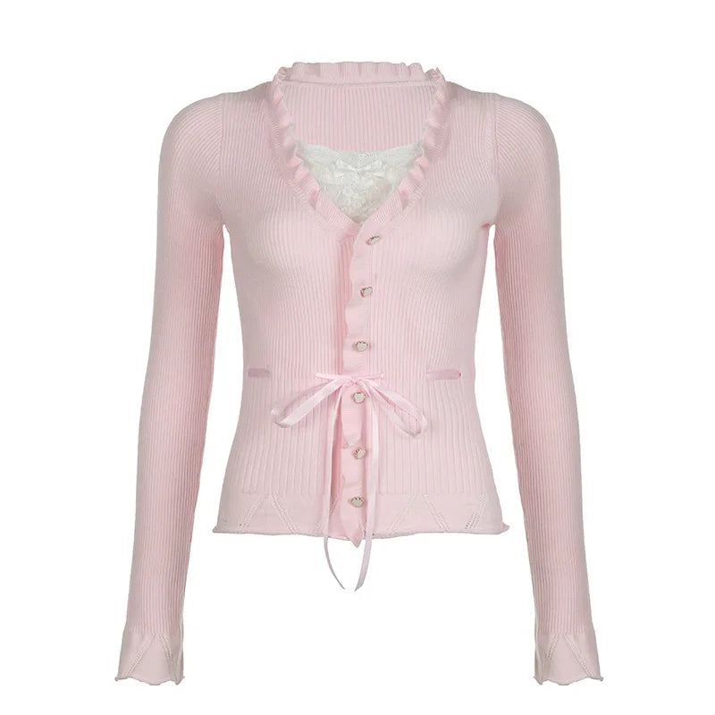 Bxoxo Fairycore Clothing Top y2k Women Ruffle Lace Patchwork Long Sleeve Knitted T Shirt 2000s Coquette Clothes Streetwear