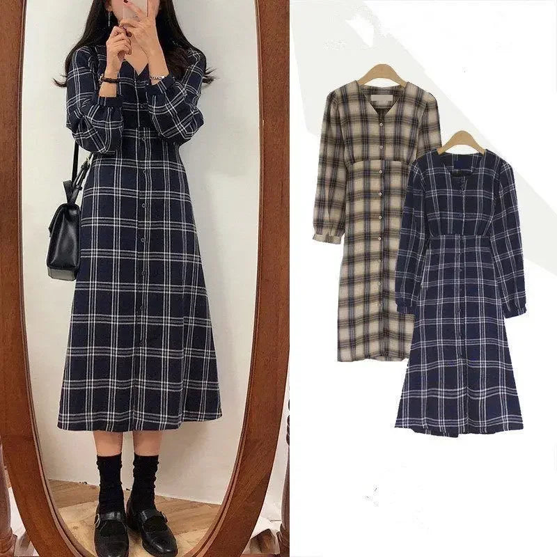 Bxoxo Vintage Plaid Dresses for Women Autumn Winter Full Spring 2025 Elegant Luxury Korean Fashion A Line G X Woman Long Sleeve Dress