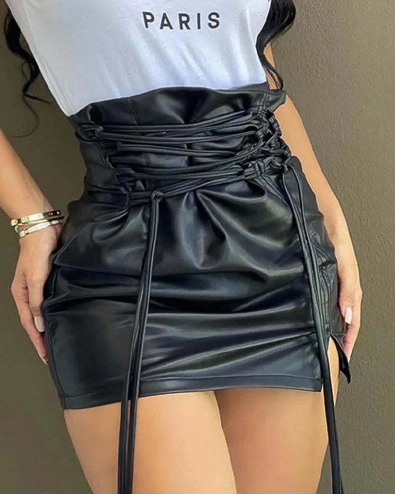 Lace-up High Waist PU Leather Mini Skirt Women Sexy Black Slim Mini Skirts