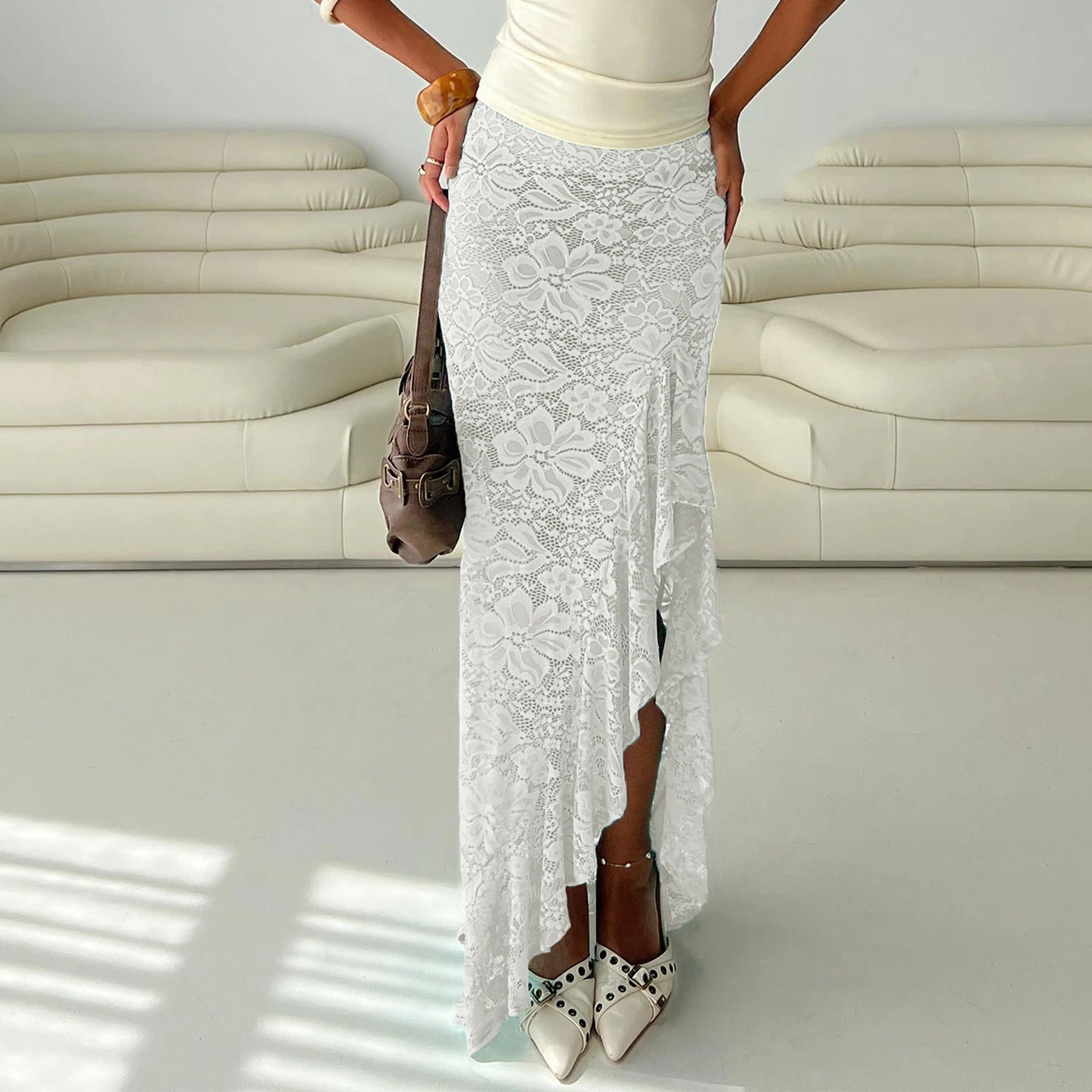 BXOXO Women's Fashion Long Skirts Sheer Lace High Waist Skirts Summer Y2K Vintage Irregular Ruffles Bodycon Skirts