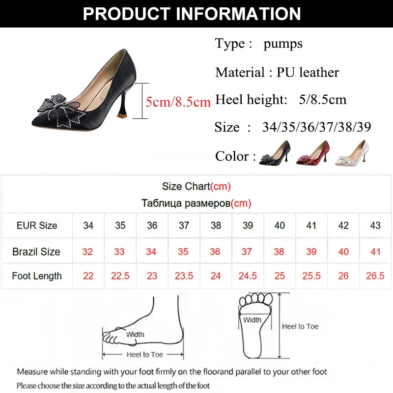 BXOXO Rhinestone Bowtie Pointed Toe Women's Pumps New Spring Satin Bridal Wedding Shoes Shallow Woman Pumps Stiletto Red