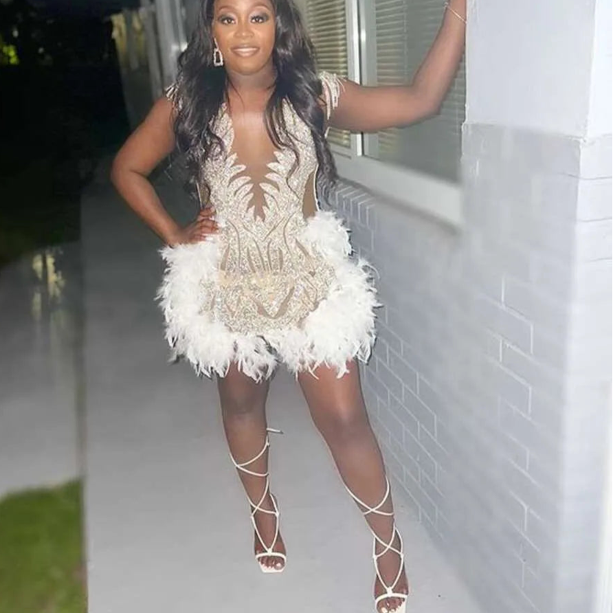 BXOXO Luxury Pink Feather Short Prom Dresses Black Girls Sexy Sheer Neck Beaded Mermaid Mini Cocktail Gowns for Birthday Party