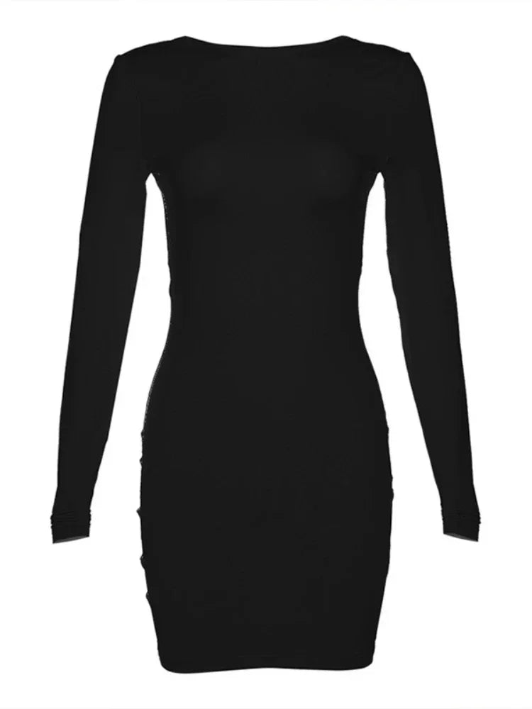 BXOXO Sexy Back Open Backless Elastic Slim Bodycon Dress Women Long Sleeves Girdling Waist Skinny Dress Elegant Club Party Vestidos