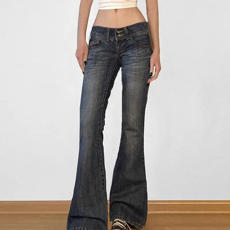Bxoxo Vintage Washed Basic Flared Jeans Women Low Waist American Style Slim Denim Pants Button-up Trousers Casual Aesthetic