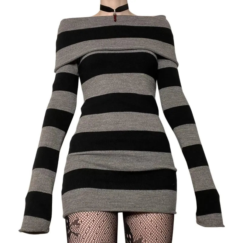 BXOXO Y2K Striped Sweater Mini Dress Mall Goth Grunge Emo Bodycon Chic Women Off Shoulder Full Sleeve Slim Fit Dresses 00s Vintage