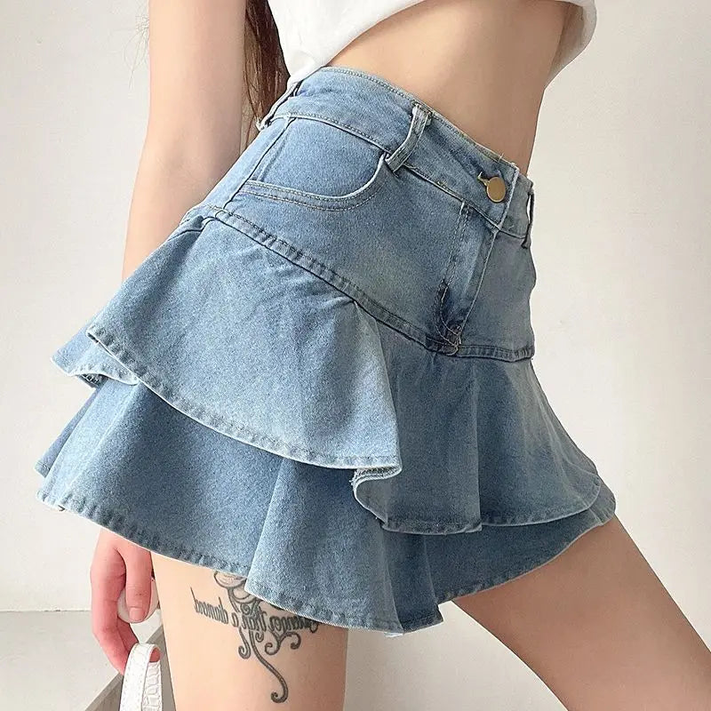 BXOXO Vintage Denim Skirt Shorts Women Summer Korean Fashion High Waist A-line Slim Cute Sexy Mini Jean Ruffle Skirt Female