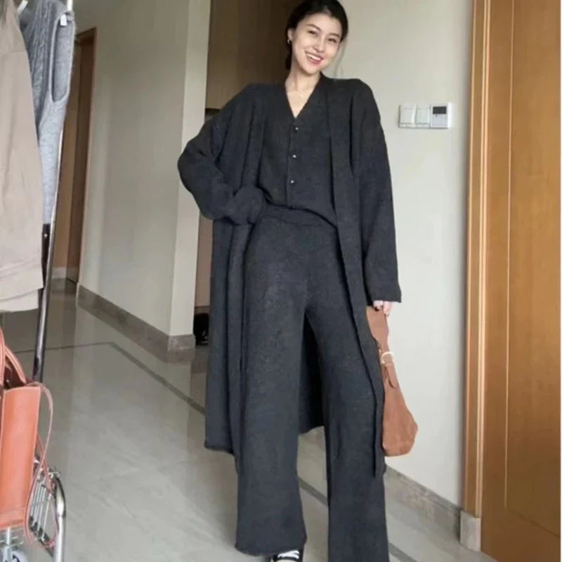 BXOXO Winter French Knitted Suits 3 Piece Set Women Casual Long Cardigan + Vintage Vest + Office Lady Long Pants Korean Fashion