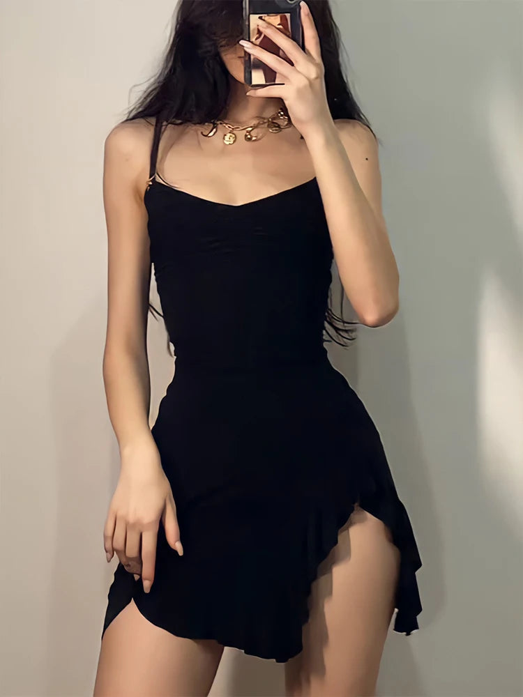 BXOXO Summer Sexy Mini Dress Women Sleeveless Strap Streetwear Backless Folds Bodycon Split Black Dress Party Elegant A-LINE Dresses