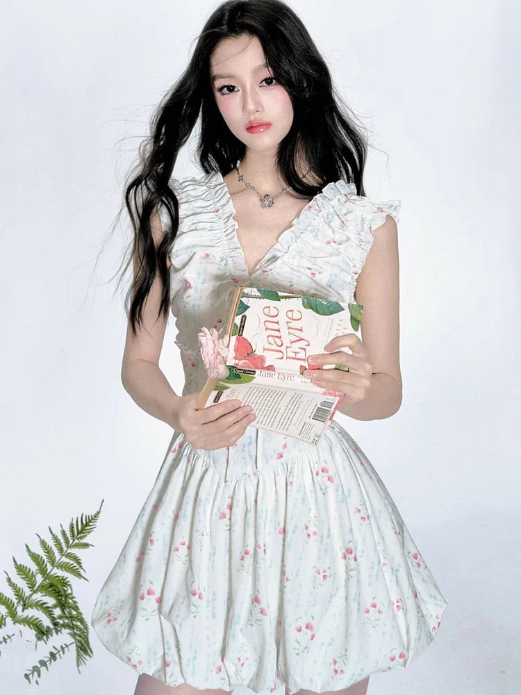 BXOXO Floral V Neck Sexy Dress Women Casual Elegant Sleeveless Mini Dress Vintage Lace Up Female Korean Summer Beach Style Dress