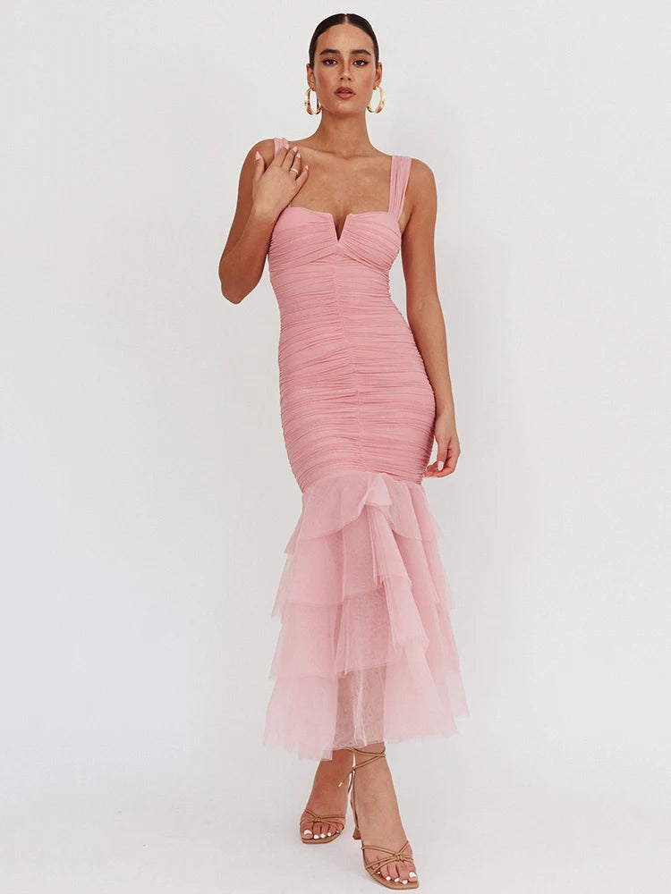 BXOXO Mesh Backless Sexy Maxi Dress For Women Gown Two Layer Spaghetti Strap Sleeveless Ruched Bodycon Club Party Dress