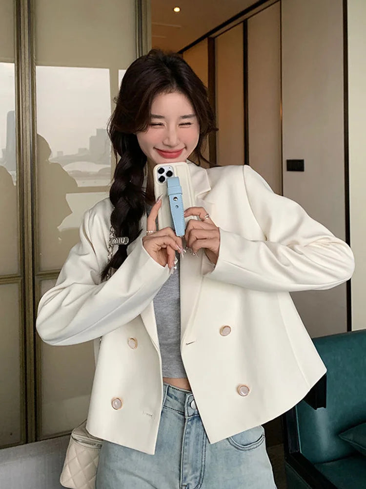 Bxoxo Elegant White Blazer Women Slim Long Sleeve Korean Sweet Suit Coat Casual Fashion Fall Double Breasted Female Chic Short Outwear