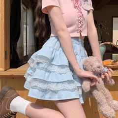 Bxoxo Japanese Sweet Lolita Cake Skirts Women Summer Lace Patchwork A Line Skirt Y2K Kawaii Ruffled Mini Skirts with Shorts Female