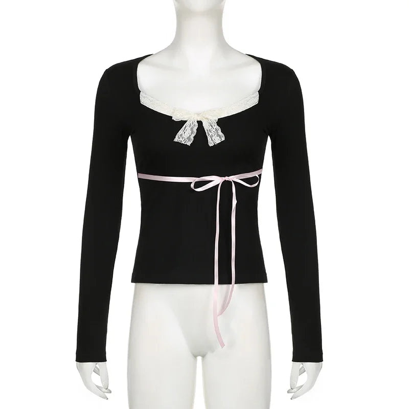BXOXO Y2K Lace Patchwork Top Contrast Color Women Autumn Spring Ribbon Lace-up Bow Coquette T-shirts Cute Causal Basics Tees