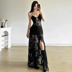 Bxoxo Gothic Lace Camis Dress for Women Summer Sexy Hollow Out Patchwork Split Midi Dress Y2K Streetwear Slim Irregular Party Vestidos