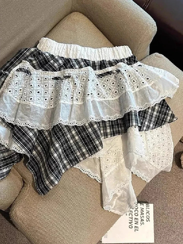 Bxoxo Y2K Plaid Patchwork Skirt Women Vintage Casual High Waist Streetwear Mini Skirts Retro Harajuku American Irregular Skirt