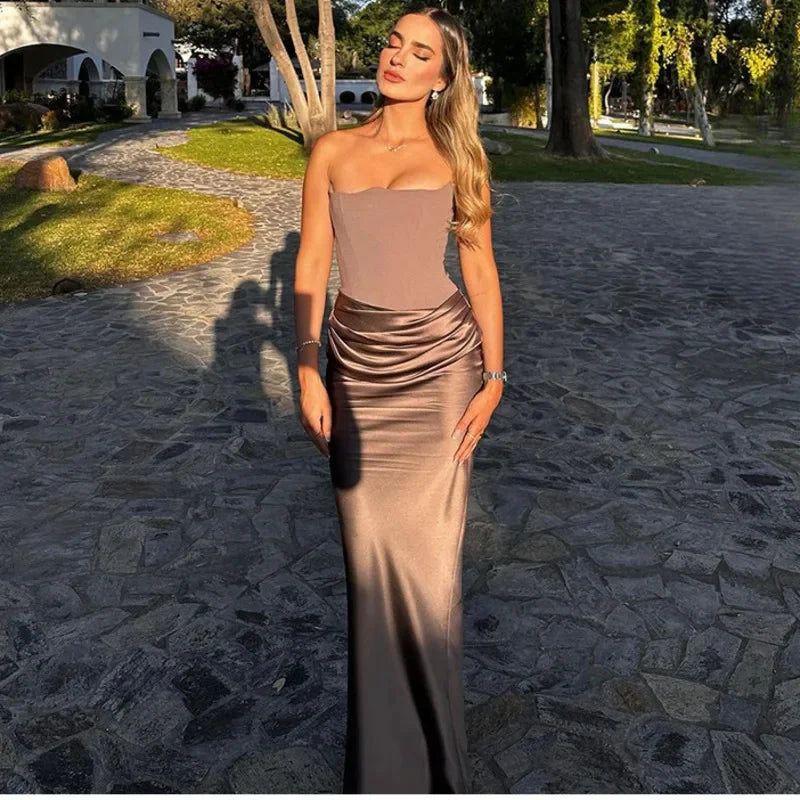 BXOXO Sexy Satin Corset Dress Women Fashion Strapless Backless Waist Ruched Wrap Slim Dresses Autumn Lady Evening Party Club Vestidos