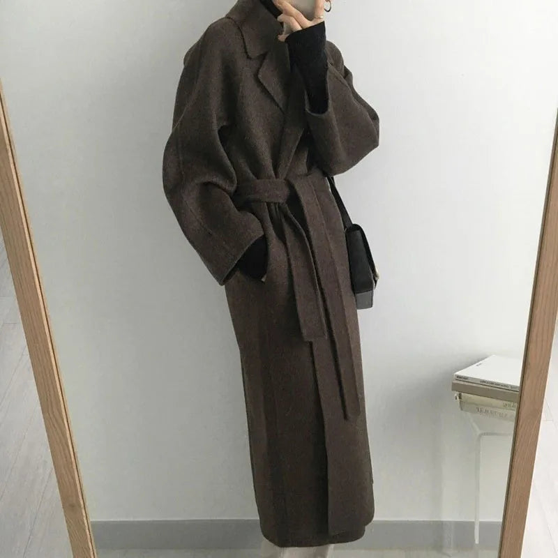 BXOXO Autumn Winter Woolen Coat Women Fashion with Belt Turn Down Collar Warm Overcoat Vintage Brown Long Woolen Jacket Woman