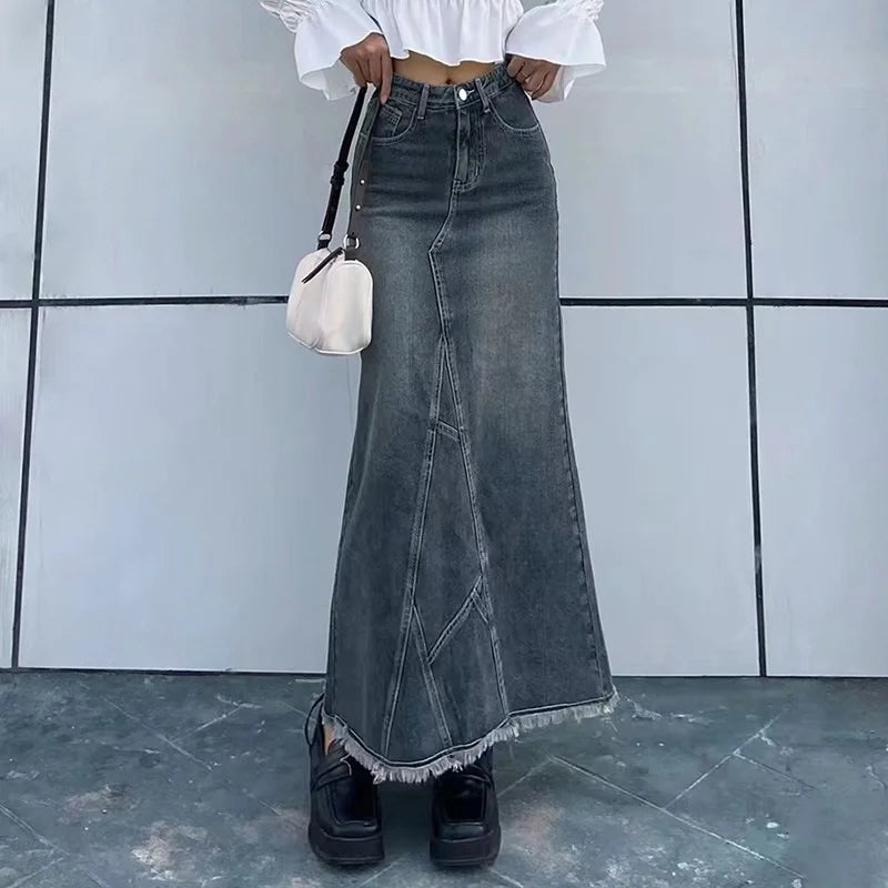 BXOXO Autumn Retro Classic All-Match Skirt Women Casual Commuter Outing Tight Sexy Irregular Long Denim Vitality Skirt Girl Cool