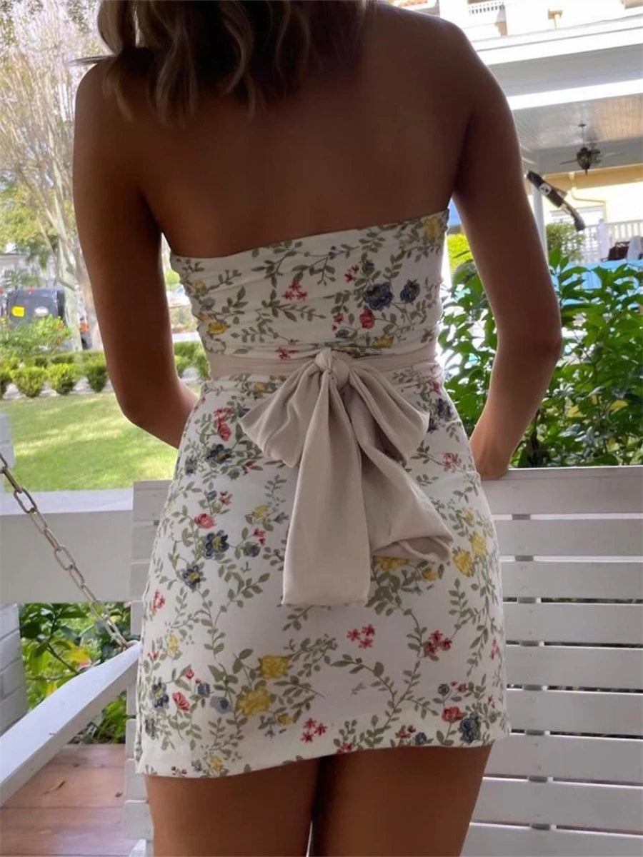 BXOXO Floral Bandeau Tube Top Mini Dress Women Off-Shoulder Strapless Bodycon Party Dress Backless Bow Knotted Vestidos