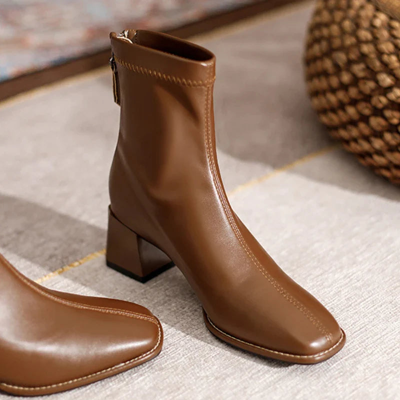 BXOXO Square Toe Women Ankle Boots Flock Stretch Shoes Thin Mid Heels Black/Brown/Beige Back Zipper Dress Sock Boots Woman Size 34-40