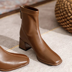 BXOXO Square Toe Women Ankle Boots Flock Stretch Shoes Thin Mid Heels Black/Brown/Beige Back Zipper Dress Sock Boots Woman Size 34-40