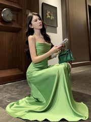 Bxoxo Women's Satin Green Evening Midi Dress Elegant Sleeveless Slit Party Holiday Dresses Slim A-line Wedding Guest Gown Vestidos New