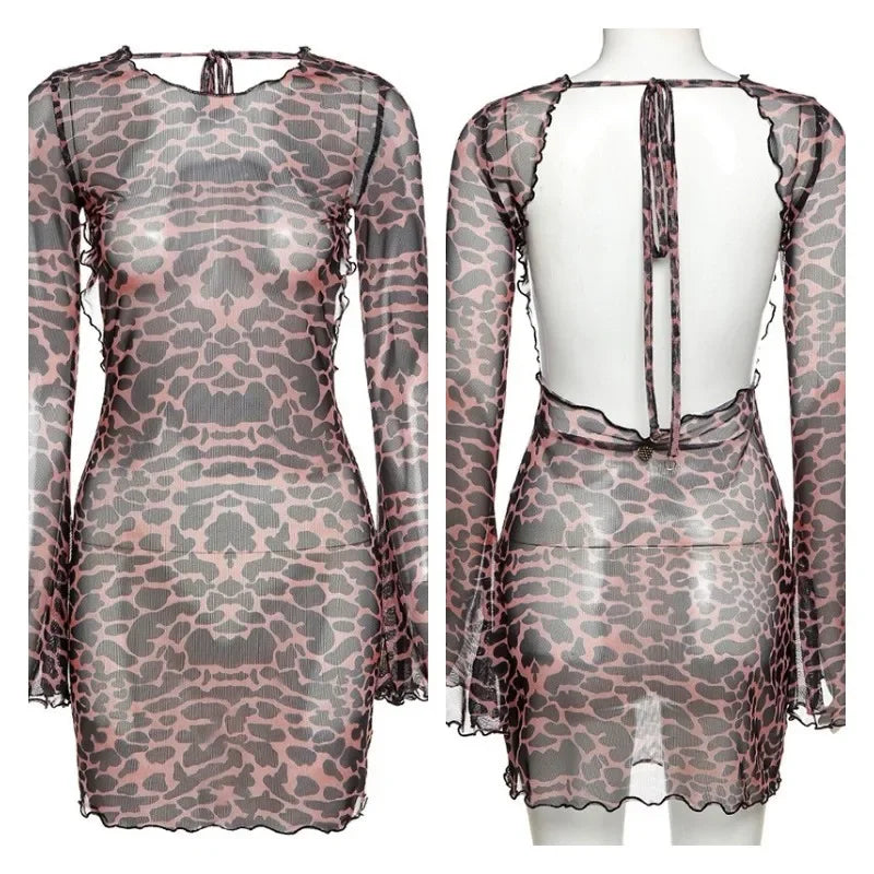BXOXO Women‘s Summer Mesh Leopard See-throug Tie-up Backless Mini Dress Flare Long Sleeve Beach Vacation Cover-ups Sundress