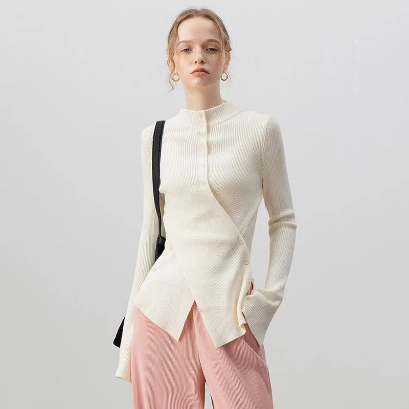 Bxoxo Half Turtleneck Irregular Knit Sweater Y2K Streetwear Cross Button Pullover Autumn Solid Long Sleeve All-Match Slim Base Jumper