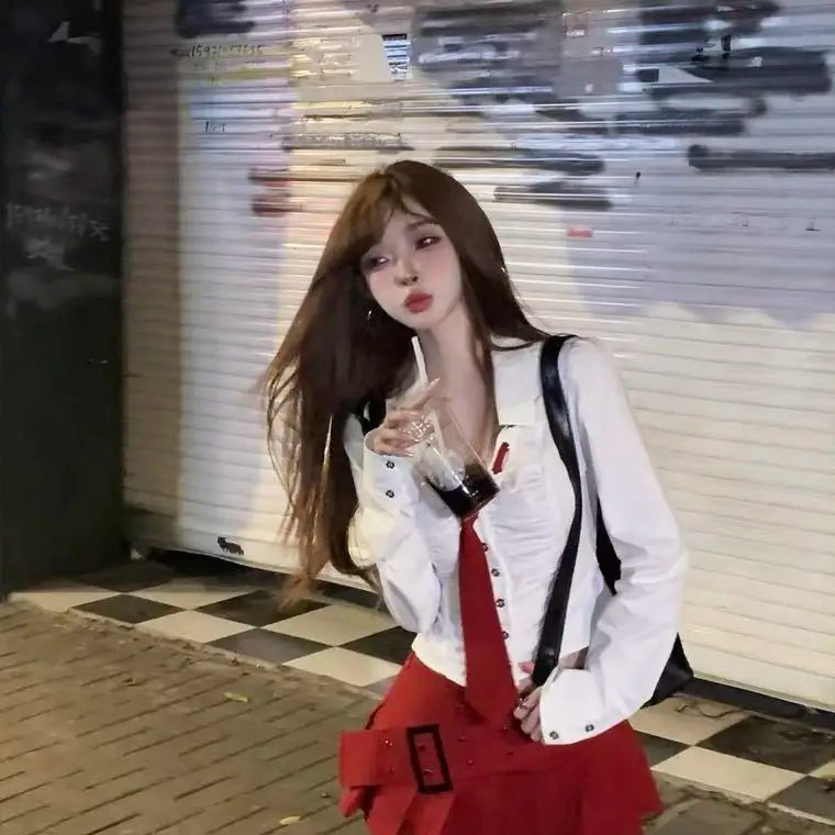 BXOXO Japanese Sexy Slim Fit Ruched Blouses Fashion All-match Lapel Neck Tops Mujer 2025 Summer New Long Sleeve T-shirt for Women