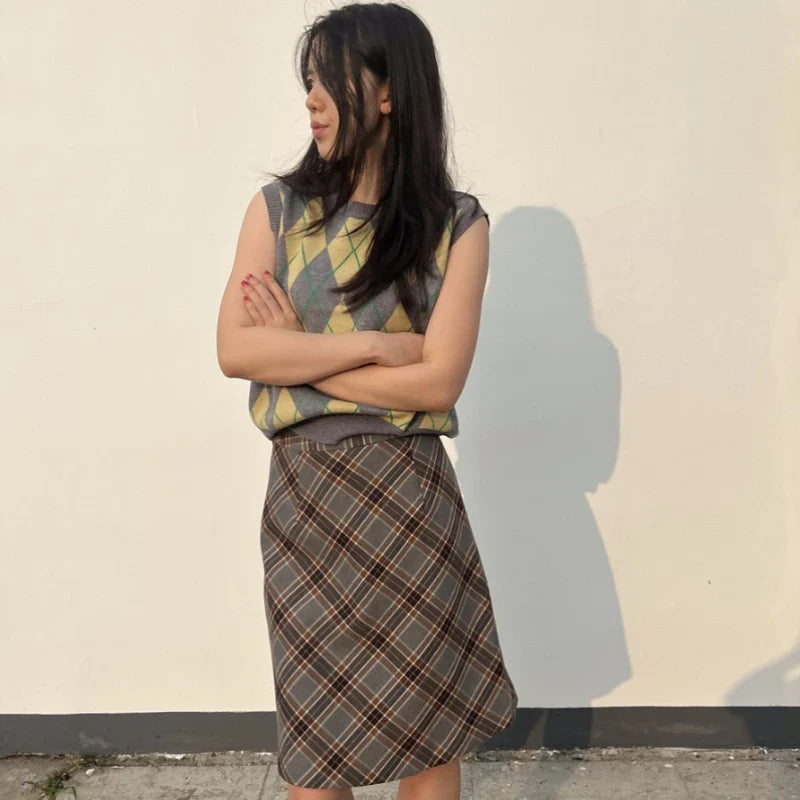 BXOXO Grey Plaid Skirts Women Autumn High Waist French Temper College A-line Skirt Faddish Simple Retro Designer Knee-length Faldas