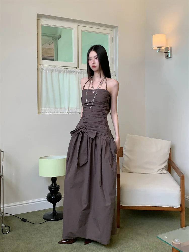 Bxoxo Ruched Backless Halter Maxi Dress For Woman Summer 2025 Tunic Ball Gown Strapless Long Dress Elegant Party Clothes