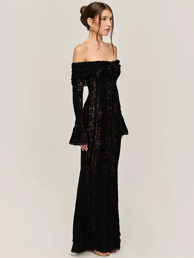 BXOXO  Lace Off-shoulder Sexy Maxi Dress Women Strapless Backless Long Sleeve Bodycon Evening Club Party Long Dress Elegant
