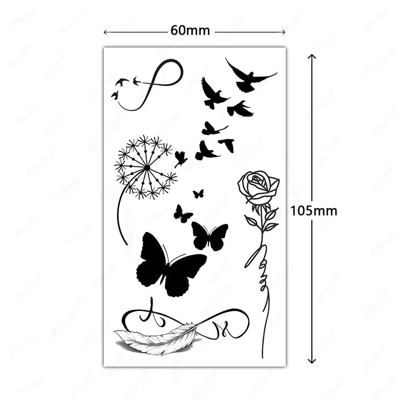 BXOXO Tattoo Stickers Butterfly Rose Bird Feather Dandelion Pattern Fake Tatoo for Women Men Makeup Hand Temporary Waterproof Body Art