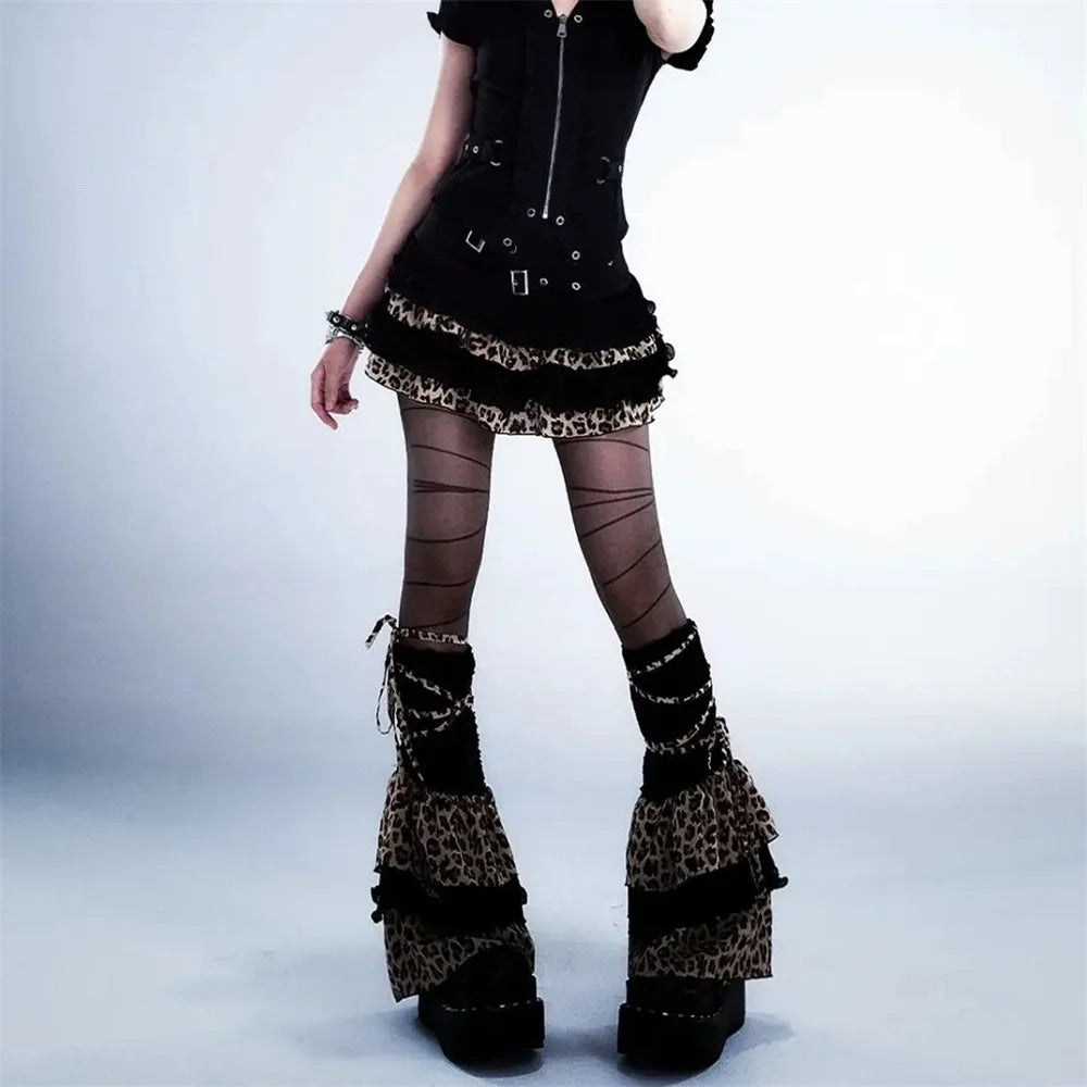 Bxoxo Y2K Leopard Print Ruffle Kawaii Vintage Skirts Goth Black Aesthetic Subculture Short High Waist Punk Cake Fluffy Cute Slim Skirt